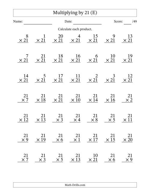The Multiplying (1 to 21) by 21 (49 Questions) (E) Math Worksheet
