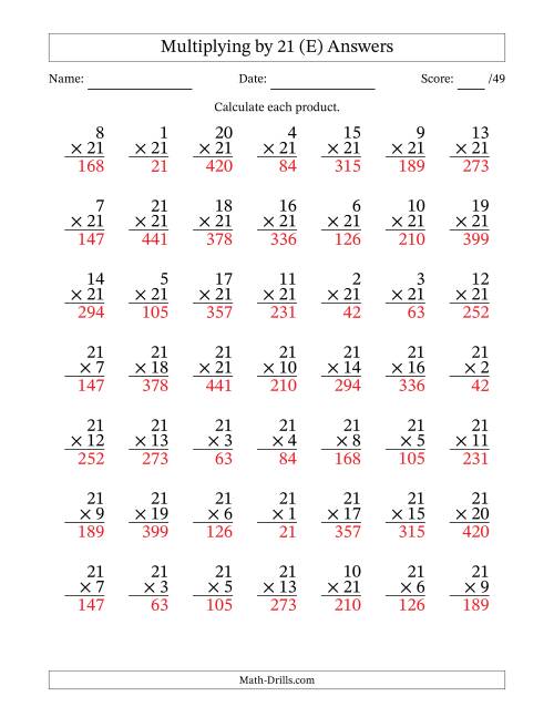 The Multiplying (1 to 21) by 21 (49 Questions) (E) Math Worksheet Page 2