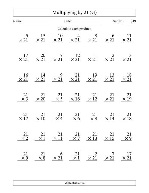 The Multiplying (1 to 21) by 21 (49 Questions) (G) Math Worksheet