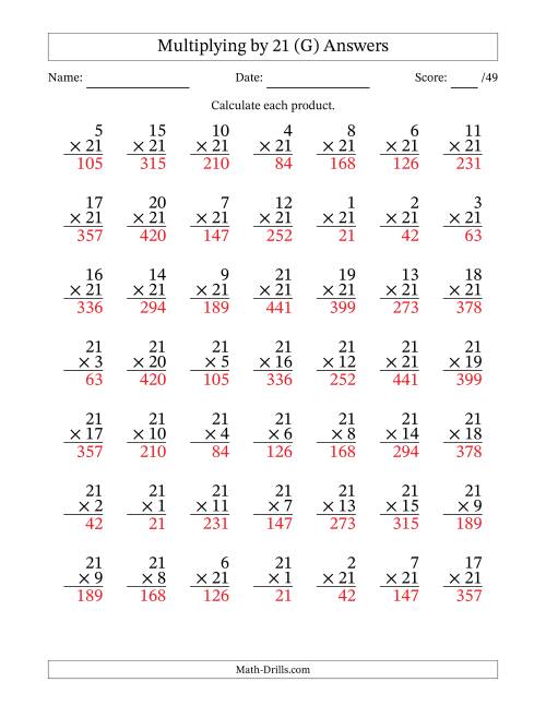 The Multiplying (1 to 21) by 21 (49 Questions) (G) Math Worksheet Page 2