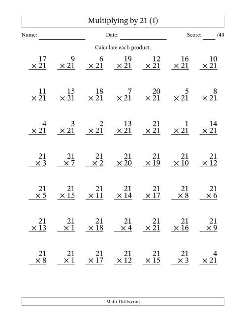 The Multiplying (1 to 21) by 21 (49 Questions) (I) Math Worksheet