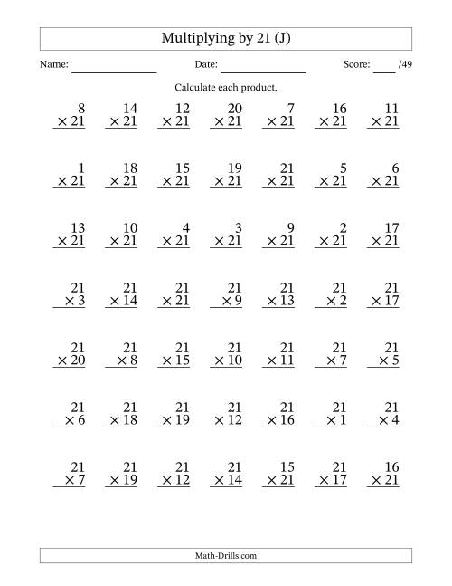 The Multiplying (1 to 21) by 21 (49 Questions) (J) Math Worksheet