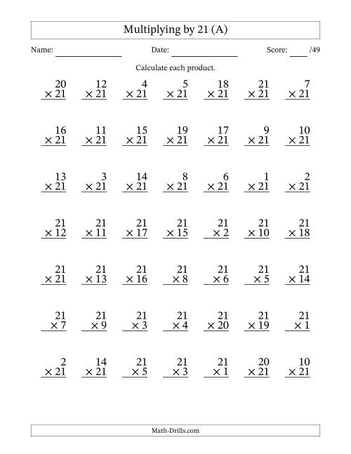 The Multiplying (1 to 21) by 21 (49 Questions) (All) Math Worksheet