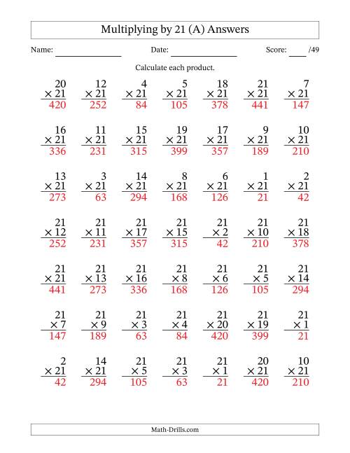 The Multiplying (1 to 21) by 21 (49 Questions) (All) Math Worksheet Page 2