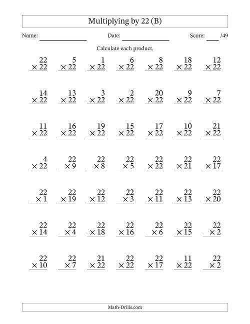 The Multiplying (1 to 22) by 22 (49 Questions) (B) Math Worksheet