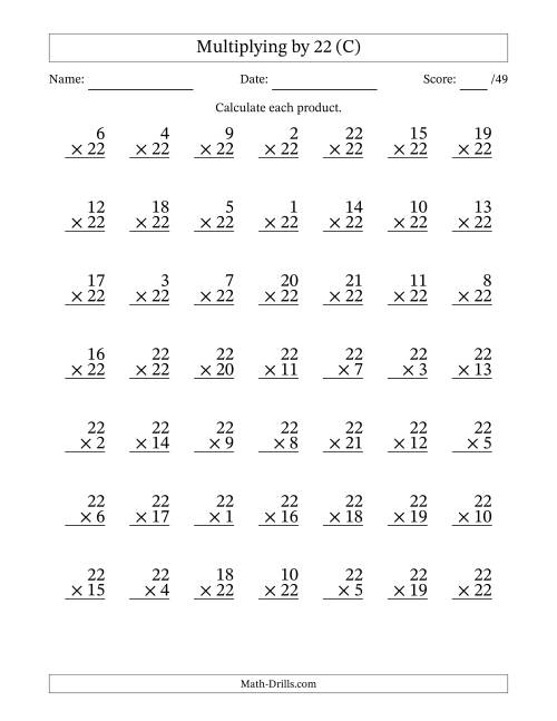 The Multiplying (1 to 22) by 22 (49 Questions) (C) Math Worksheet