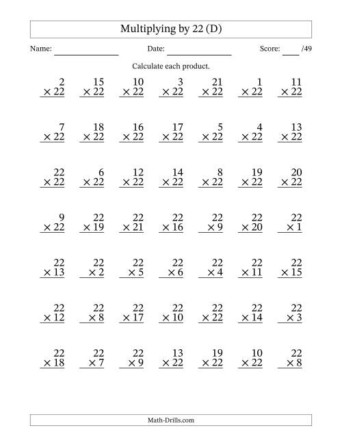 The Multiplying (1 to 22) by 22 (49 Questions) (D) Math Worksheet