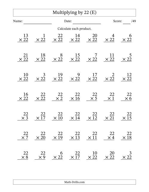The Multiplying (1 to 22) by 22 (49 Questions) (E) Math Worksheet