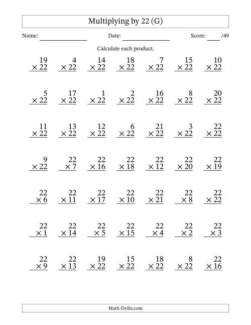 The Multiplying (1 to 22) by 22 (49 Questions) (G) Math Worksheet