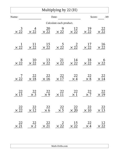 The Multiplying (1 to 22) by 22 (49 Questions) (H) Math Worksheet