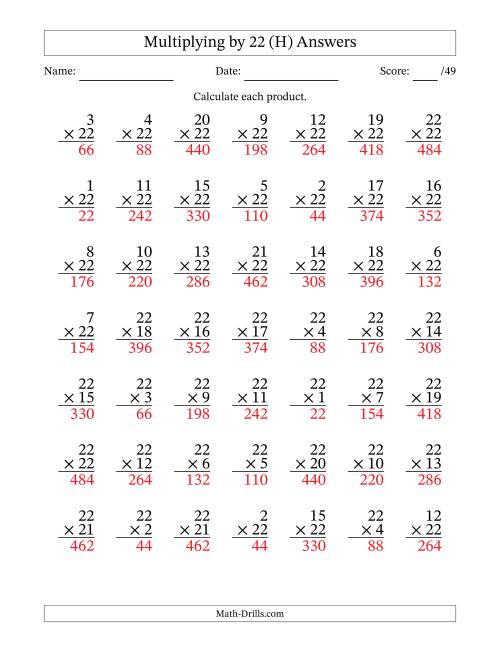 The Multiplying (1 to 22) by 22 (49 Questions) (H) Math Worksheet Page 2