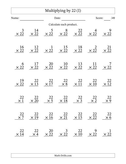 The Multiplying (1 to 22) by 22 (49 Questions) (I) Math Worksheet