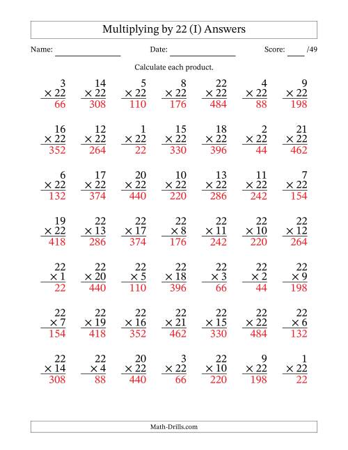 The Multiplying (1 to 22) by 22 (49 Questions) (I) Math Worksheet Page 2