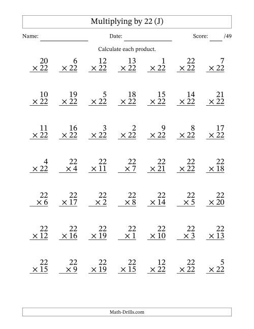 The Multiplying (1 to 22) by 22 (49 Questions) (J) Math Worksheet