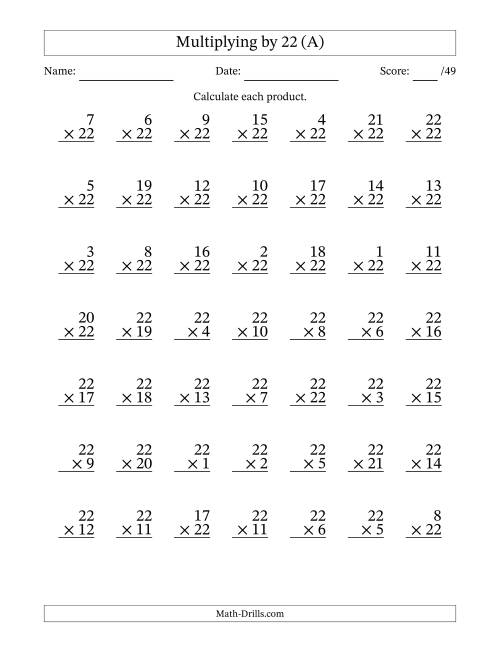 The Multiplying (1 to 22) by 22 (49 Questions) (All) Math Worksheet