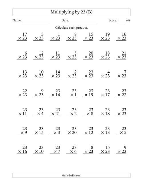 The Multiplying (1 to 23) by 23 (49 Questions) (B) Math Worksheet