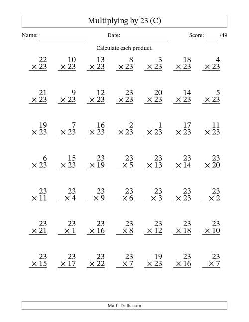 The Multiplying (1 to 23) by 23 (49 Questions) (C) Math Worksheet