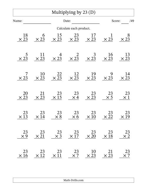 The Multiplying (1 to 23) by 23 (49 Questions) (D) Math Worksheet