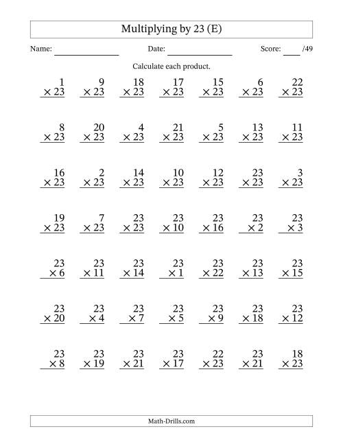 The Multiplying (1 to 23) by 23 (49 Questions) (E) Math Worksheet