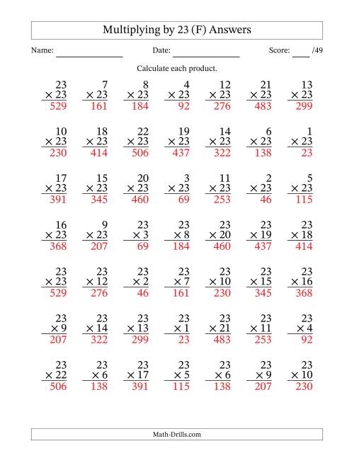 The Multiplying (1 to 23) by 23 (49 Questions) (F) Math Worksheet Page 2