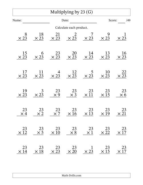 The Multiplying (1 to 23) by 23 (49 Questions) (G) Math Worksheet