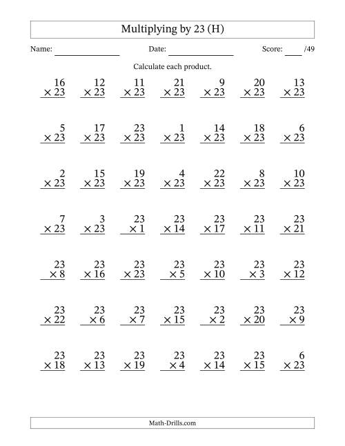 The Multiplying (1 to 23) by 23 (49 Questions) (H) Math Worksheet