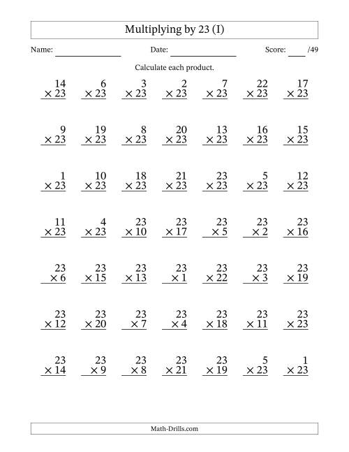 The Multiplying (1 to 23) by 23 (49 Questions) (I) Math Worksheet