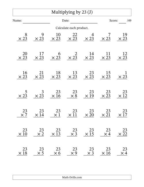 The Multiplying (1 to 23) by 23 (49 Questions) (J) Math Worksheet