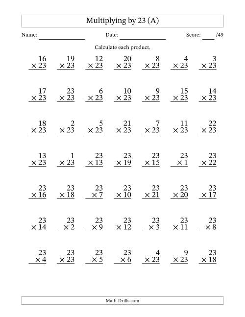 The Multiplying (1 to 23) by 23 (49 Questions) (All) Math Worksheet