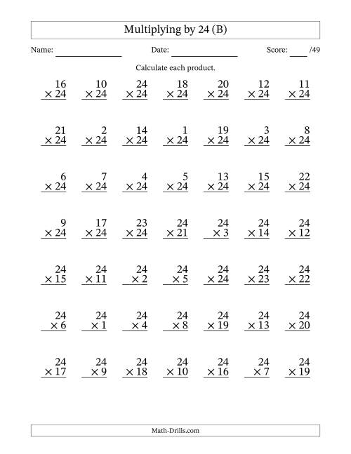 The Multiplying (1 to 24) by 24 (49 Questions) (B) Math Worksheet