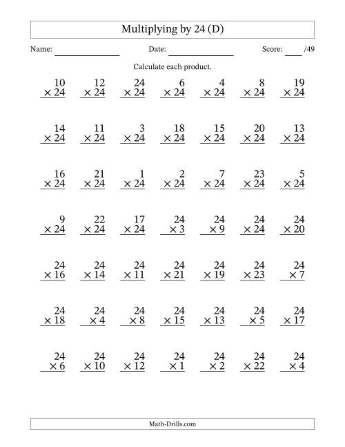 The Multiplying (1 to 24) by 24 (49 Questions) (D) Math Worksheet
