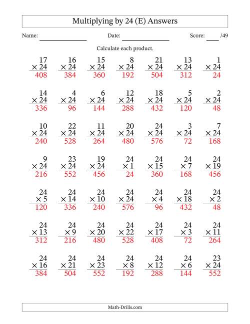 The Multiplying (1 to 24) by 24 (49 Questions) (E) Math Worksheet Page 2