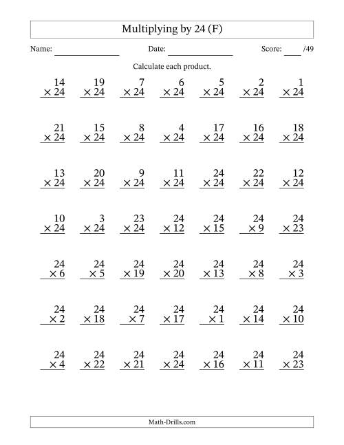 The Multiplying (1 to 24) by 24 (49 Questions) (F) Math Worksheet