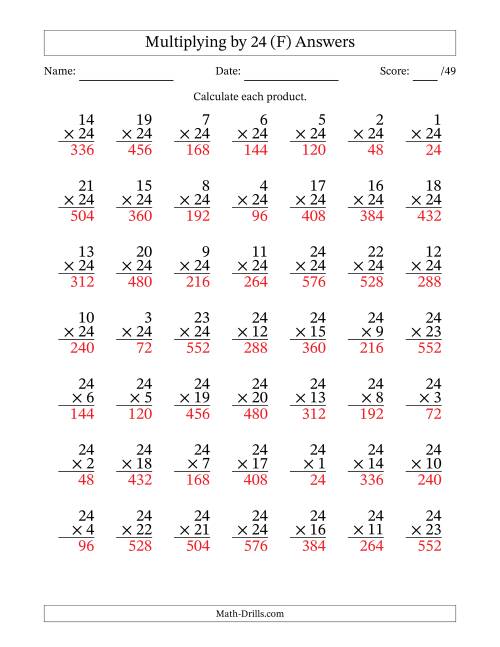 The Multiplying (1 to 24) by 24 (49 Questions) (F) Math Worksheet Page 2