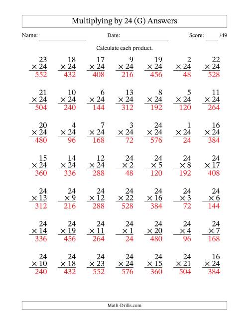 The Multiplying (1 to 24) by 24 (49 Questions) (G) Math Worksheet Page 2