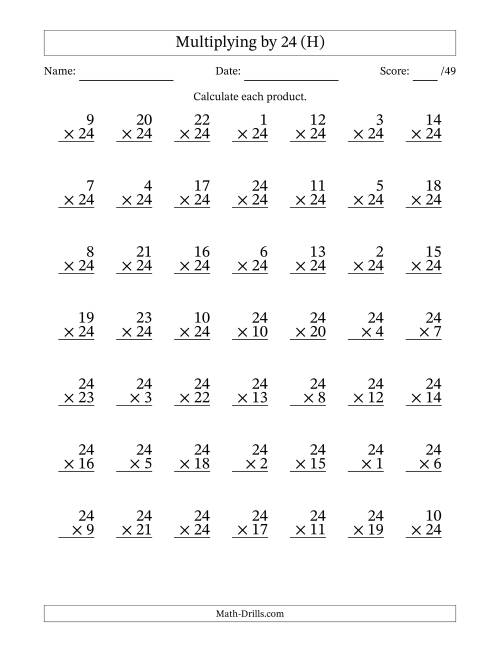 The Multiplying (1 to 24) by 24 (49 Questions) (H) Math Worksheet