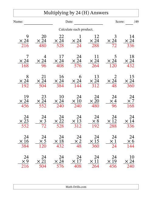 The Multiplying (1 to 24) by 24 (49 Questions) (H) Math Worksheet Page 2