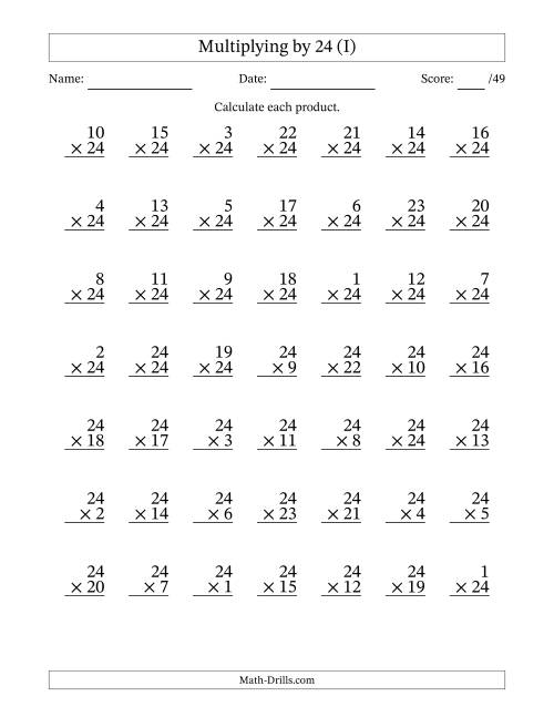 The Multiplying (1 to 24) by 24 (49 Questions) (I) Math Worksheet
