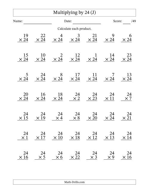 The Multiplying (1 to 24) by 24 (49 Questions) (J) Math Worksheet