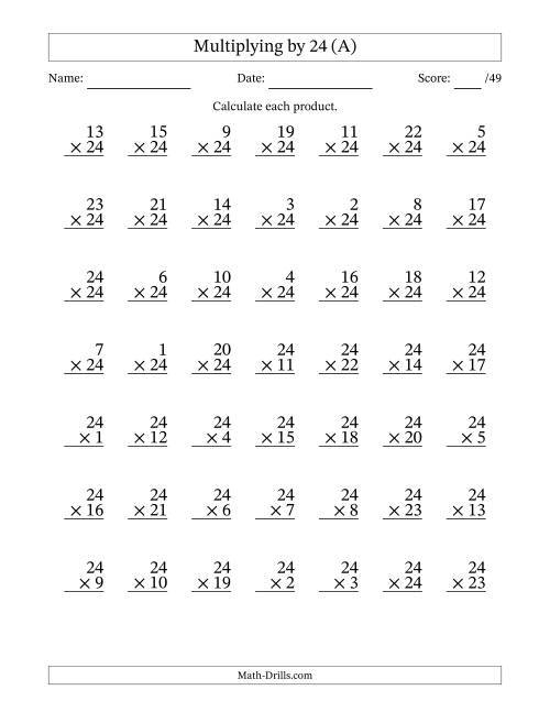 The Multiplying (1 to 24) by 24 (49 Questions) (All) Math Worksheet