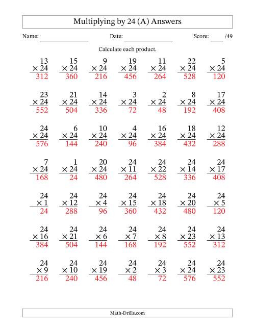 The Multiplying (1 to 24) by 24 (49 Questions) (All) Math Worksheet Page 2