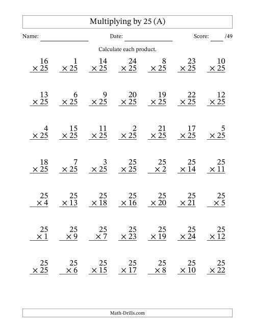 The Multiplying (1 to 25) by 25 (49 Questions) (A) Math Worksheet