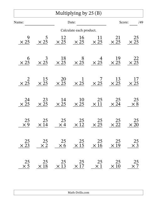 The Multiplying (1 to 25) by 25 (49 Questions) (B) Math Worksheet