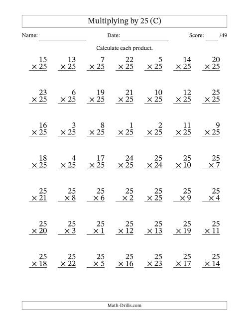 The Multiplying (1 to 25) by 25 (49 Questions) (C) Math Worksheet