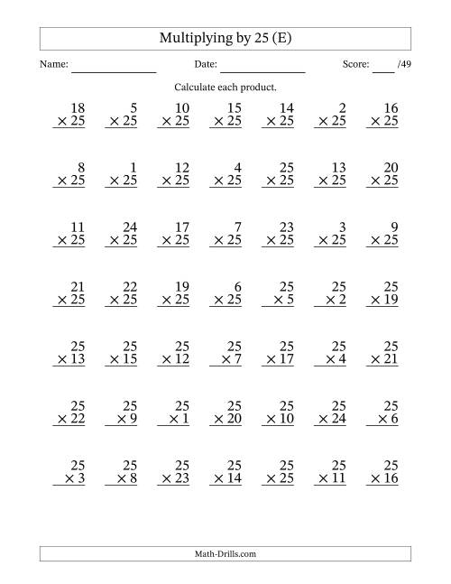 The Multiplying (1 to 25) by 25 (49 Questions) (E) Math Worksheet