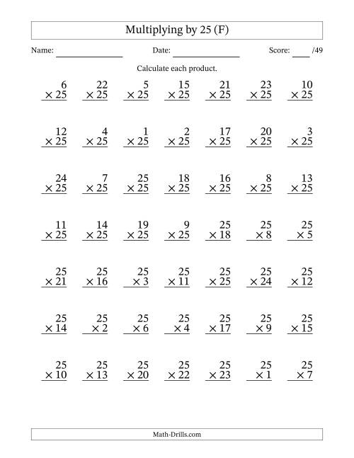 The Multiplying (1 to 25) by 25 (49 Questions) (F) Math Worksheet