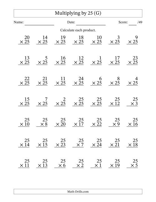 The Multiplying (1 to 25) by 25 (49 Questions) (G) Math Worksheet