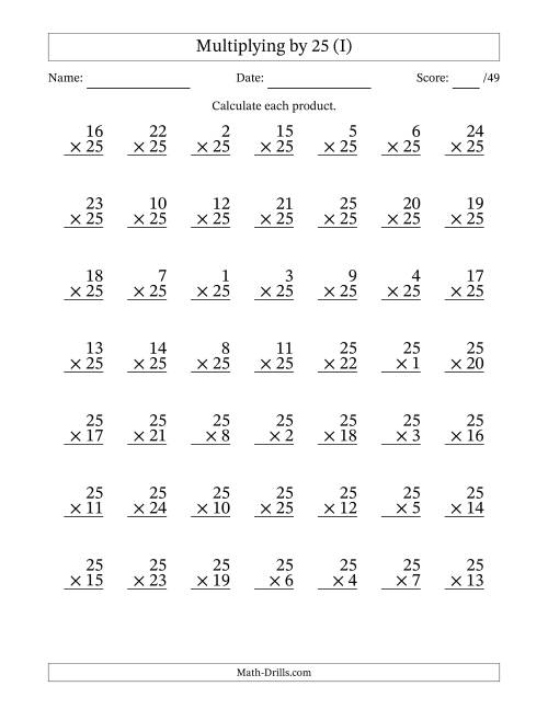 The Multiplying (1 to 25) by 25 (49 Questions) (I) Math Worksheet