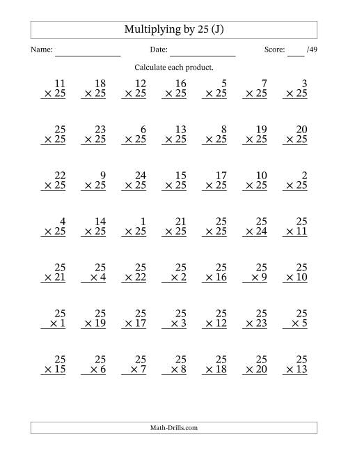 The Multiplying (1 to 25) by 25 (49 Questions) (J) Math Worksheet