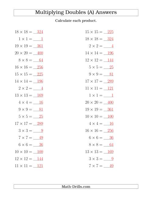 The Multiplying Doubles up to 20 by 20 (A) Math Worksheet Page 2